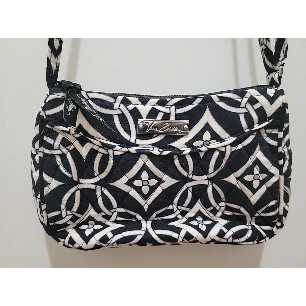 Vera Bradley Mini Hipster Crossbody Bag Purse Black White Geometric Quilted Zip